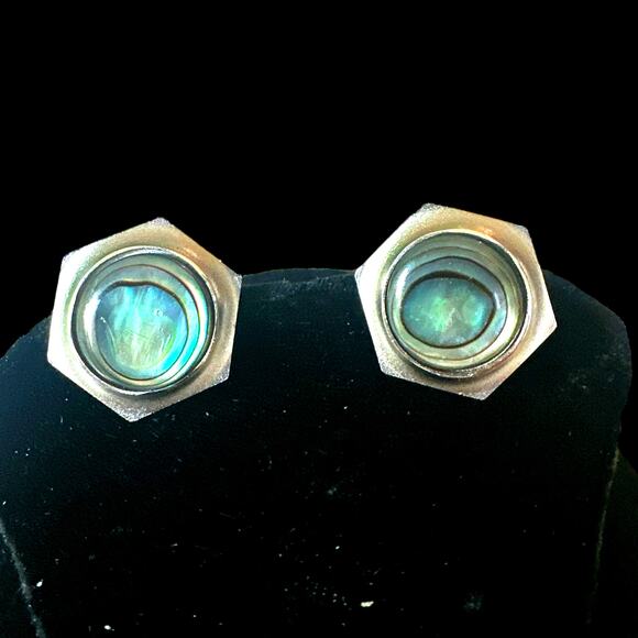 Vintage MOP Abalone Hexagon Cuff Links, Stainless Steel Silver Tone Unmarked - Picture 3 of 6